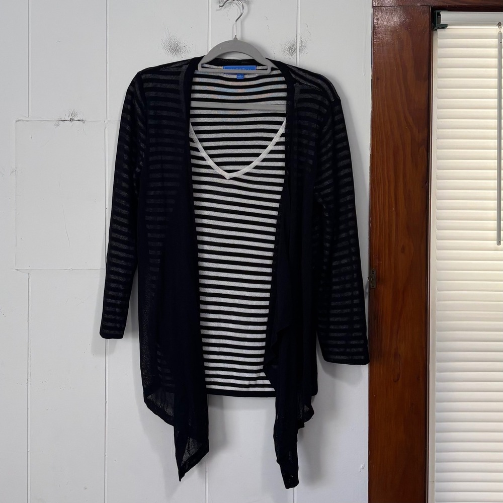 Linea Blu Womens Black White Striped Cardigan Size L Layered Knit